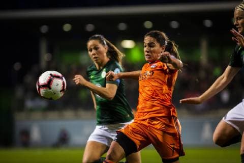 GER UWCL quarter finals VfL Wolfsburg vs Olympique Lyon 27 03 2019 AOK Stadium Wolfsburg GER UWCL quarter finals VfL Wolfsburg vs Olympique Lyon UEFA REGULATIONS PROHIBIT ANY USE OF PHOTOGRAPHS AS IMAGE SEQUENCES AND OR QUASI VIDEO picture shows Sara Bjoerk Gunnarsdottir VfL Wolfsburg 7 in duel with Amel Majri Lyon 7 nordphotox xRauch nph00251