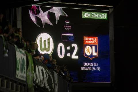 GER UWCL quarter finals VfL Wolfsburg vs Olympique Lyon 27 03 2019 AOK Stadium Wolfsburg GER UWCL quarter finals VfL Wolfsburg vs Olympique Lyon UEFA REGULATIONS PROHIBIT ANY USE OF PHOTOGRAPHS AS IMAGE SEQUENCES AND OR QUASI VIDEO picture shows scoreboard half-time 0 2 nordphotox xRauch nph00251