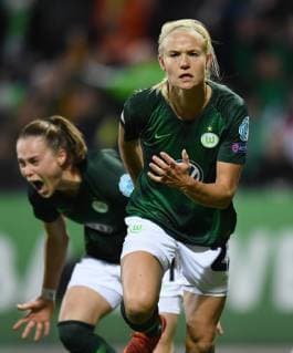 After the goal for the 2 2 equaliser Ewa Pajor and scorer Pernille Harder l r bothVfL Football UEFA Championsleague Season 2018 2019 Quarter-final return match VfL Wolfsburg Olympique Lyon in Wolfsburg Germany on 27 03 2019