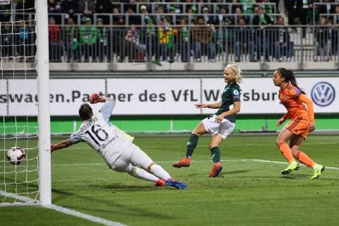 Scorer Pernille Harder VfL Wolfsburg scores for 1 2 UEFA Womens Champions League quarter finals season 2018 2019 VfL Wolfsburg vs Olympique Lyon at AOK Stadium in Wolfsburg action Germany football women women women women 27 03 2019