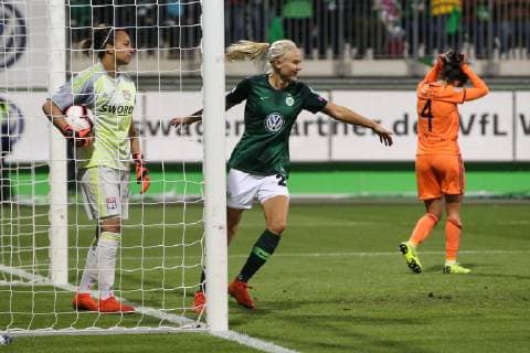 goal celebration goal scorer Pernille Harder VfL Wolfsburg meets 1 2 UEFA Womens Champions League quarter finals season 2018 2019 VfL Wolfsburg vs Olympique Lyon at AOK Stadium in Wolfsburg action Germany football women women women women 27 03 2019