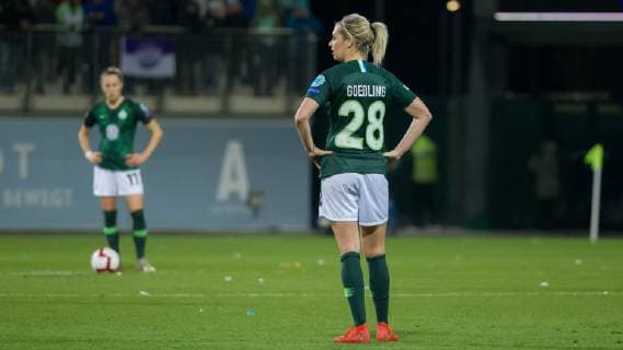 v li Ewa Pajor VfL Wolfsburg 17 and Lena Goeßling VfL Wolfsburg 28 disappointed looking disappointment soccer UEFA Womens Champions League VfL Wolfsburg Olympique Lyon xobx