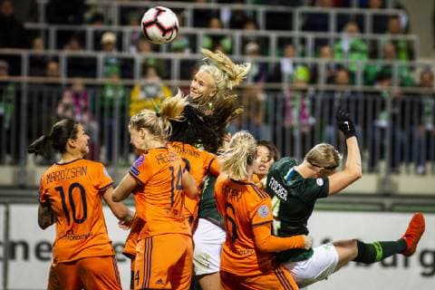 GER UWCL quarter finals VfL Wolfsburg vs Olympique Lyon 27 03 2019 AOK Stadium Wolfsburg GER UWCL quarter finals VfL Wolfsburg vs Olympique Lyon UEFA REGULATIONS PROHIBIT ANY USE OF PHOTOGRAPHS AS IMAGE SEQUENCES AND OR QUASI VIDEO pictured picture shows header duel with Pernille Harder VfL Wolfsburg 22 Ada Stolsmo Hegerberg Lyon 14 and Griedge Mbock Bathy Lyon 29 nordphotox xRauch nph00251
