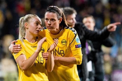 190327 Emilie Marie Woldvik and Isabell Bachor of LSK Women after the UEFA Womens Champions League quarterfinal match between LSK Women and Barcelona on March 27 2019 in Lillestrom Photo Jon Olav Nesvold PICTURE CODE code JE 160436,  Copyright: JONxOLAVxNESVOLD BB190327JE051