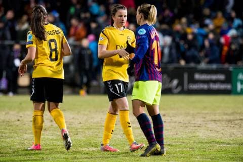 190327 Emilia Ruud of LSK Women and Barbara of Barcelona after the UEFA Womens Champions League quarterfinal match between LSK Women and Barcelona on March 27 2019 in Lillestrom Photo Jon Olav Nesvold BILDBYRAN code JE 160436,  Copyright: JONxOLAVxNESVOLD BB190327JE055