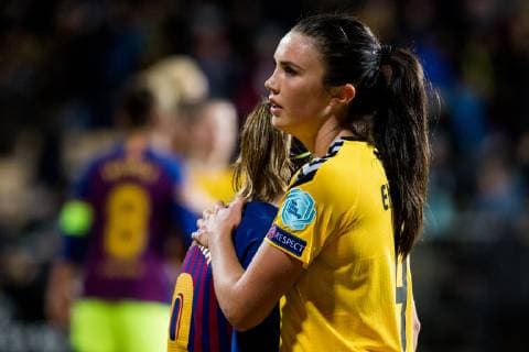 190327 Mariona of Barcelona and Ingrid Syrstad Engen of LSK Women after the UEFA Womens Champions League quarterfinal match between LSK Women and Barcelona on March 27 2019 in Lillestrom Photo Jon Olav Nesvold BILDBYRAN code JE 160436,  Copyright: JONxOLAVxNESVOLD BB190327JE056