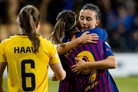 190327 Emilie Bosshard Haavi of LSK Women Mariona and Gemma of Barcelona after the UEFA Womens Champions League quarterfinal match between LSK Women and Barcelona on March 27 2019 in Lillestrom Photo Jon Olav Nesvold BILDBYRAN code JE 160436,  Copyright: JONxOLAVxNESVOLD BB190327JE057