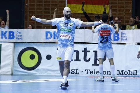 27 03 2019 Swiss Life Hall Hannover EHF Cup Group Phase TSV Hannover Burgdorf vs RK Nexe HRV in picture Domagoj Srsen 33 Han Burgdorf and Christian Ugalde Garcia 23 Han Burgdorf cheer after victory TSV Hannover Burgdorf vs RK Nexe