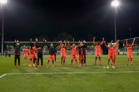 The players of Olympique Lyon Lyonnais rejoice at the victory Joy over the won game Football UEFA Womens Champions League VfL Wolfsburg Olympique Lyon xobx