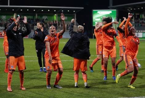 March 27, 2019 - Wolfsburg, Niedersachsen, Germany - Olympique Lyonnais team celebrating their entering into the semifinals during the UEFA Women s Champions League Quarter final 2nd leg football match between Vfl Wolfsburg and Olympique Lyonnais at AOK Stadium on March 27, 2019 in Wolfsburg, Germany. Wolfsburg v Lyon - UEFA Women s Champions League: Quarter Final Second Leg  - ZUMAn230 20190327_zaa_n230_371 Copyright: xActionxFotoxSportx