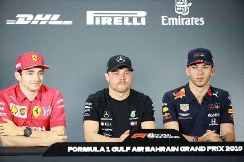 Photo4 LaPresse 28 03 2019 Sakhir, Bahrain Grand Prix Formula One Bahrain 2019 In the pic: Official Fia press conference PK Pressekonferenz L to R Charles Leclerc (MON) Scuderia Ferrari SF90, Valtteri Bottas (FIN) Mercedes AMG F1 W10 EQ Power and Pierre Gasly (FRA) Redbull Racing RB15  Copyright: xPhoto4 LaPressex