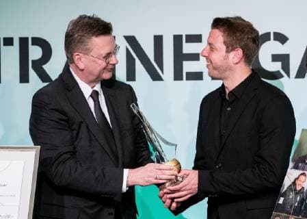 28 03 2019 xfux Soccer DFB Coach DFB Ceremony on the occasion of the completion of the 65 Soccer Teacher Training Course emspor v l President Reinhard Dieter Grindel German Soccer Federation DFB Coach Florian Kohfeldt SV Werder Bremen is awarded Coach of the Year Koeln