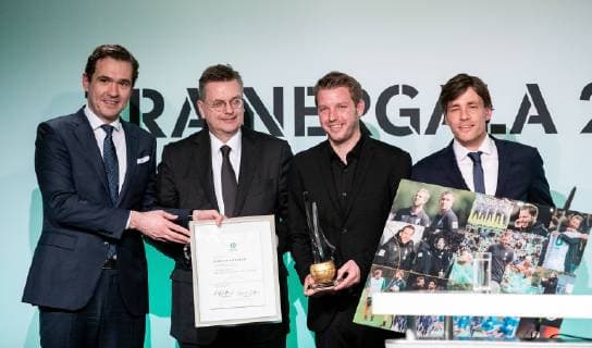 28 03 2019 xfux Soccer DFB Coach DFB Ceremony on the occasion of the completion of the 65 Soccer Teachers Course emspor v l Dr Friedrich Curtius Secretary General German Soccer Association DFB President Reinhard Dieter Grindel German Soccer Association DFB Coach Florian Kohfeldt SV Werder Bremen is awarded Coach of the Year Clemens Fritz Koeln