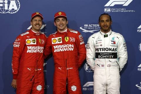 Photo4 LaPresse 31 03 2019 Sakhir, Bahrain Grand Prix Formula One Bahrain 2019 In the pic: Pole Position Celbration: pole position Charles Leclerc (MON) Scuderia Ferrari SF90, 2nd place Sebastian Vettel (GER) Scuderia Ferrari SF90 and 3rd place Lewis Hamilton (GBR) Mercedes AMG F1 W10 EQ Power  Copyright: xPhoto4 LaPressex