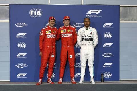 Photo4 LaPresse 31 03 2019 Sakhir, Bahrain Grand Prix Formula One Bahrain 2019 In the pic: Pole Position Celbration: pole position Charles Leclerc (MON) Scuderia Ferrari SF90, 2nd place Sebastian Vettel (GER) Scuderia Ferrari SF90 and 3rd place Lewis Hamilton (GBR) Mercedes AMG F1 W10 EQ Power  Copyright: xPhoto4 LaPressex