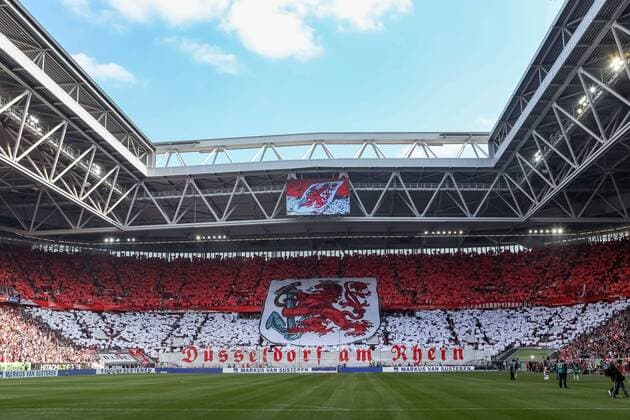 Football 1 Bundesliga 27 Spieltag Fortuna Düsseldorf Borussia Mönchengladbach on 30 03 2019 in the Merkur Spiel Arena in Düsseldorf Fan choreography of the Düsseldorf fans DFL regulations prohibit any use of photographs as image sequences and or quasi video xSBx