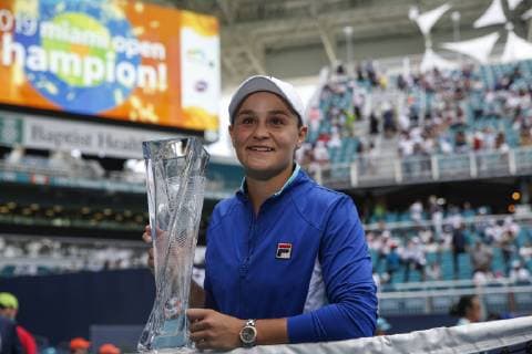 March 30, 2019 - Miami Gardens, Florida, USA - Australia s ASHLEIGH BARTY poses with her trophy after winning the Miami Open women s singles tournament following her defeat of the Czech Republic s Karolina Pliskova on the main court of the Miami Open at the Hard Rock Stadium. Miami Open Day 13 - ZUMAd151 20190330_znp_d151_049 Copyright: xAdamxDelGiudicex