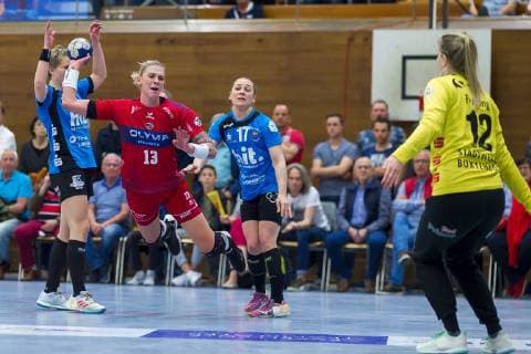 Bietigheim Germany 30 March 2019 HBF 18 19 SG BBM Bietigheim vs. Buxtehuder SV Luisa Schulze Bietigheim Maike Schirmer Buxtehude Torhueterin Antje Peveling Buxtehude Bietigheim Bissingen Viadukthalle Baden Württemberg Germany