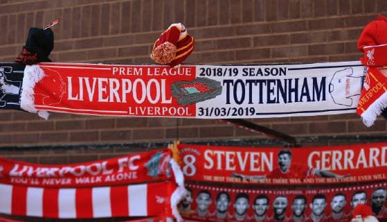 31st March 2019, Anfield, Liverpool, England; EPL Premier League football, Liverpool versus Tottenham Hotspur; match scarves on sale outside the Kop before the match  ActionPlus12118833 DavidxBlunsden