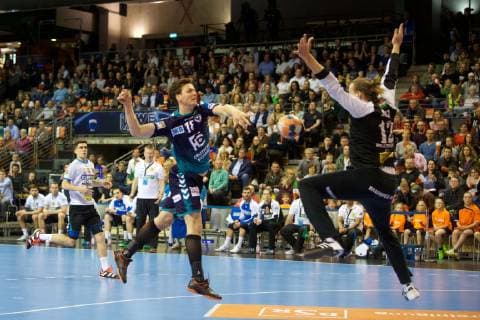 Handball Berlin 31 03 2019 EHF Cup Season 2018 2019 Foxes Berlin Balatonfüredi KSE Hans Lindberg Foxes Berlin No 18 Daniel Bösz Balatonfüred TW No 12