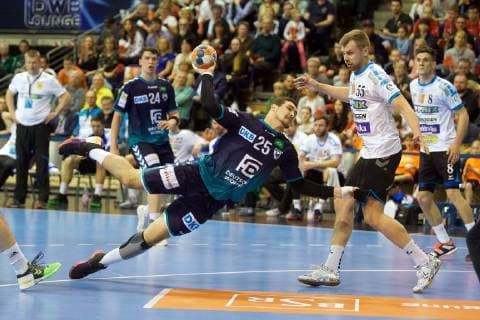 Handball Berlin 31 03 2019 EHF Cup Season 2018 2019 Foxes Berlin Balatonfüredi KSE Rolando Urios Gonzales Foxes Berlin No 25 Yury Semenov Balatonfüred No 55