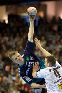 Handball Berlin 31 03 2019 EHF Cup Season 2018 2019 Foxes Berlin Balatonfüredi KSE Christoph Reißky Foxes Berlin No 43 Reissky Oliver Szöllösi Balatonfüred No 09