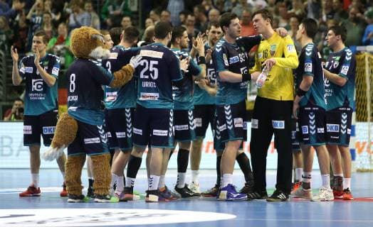 31 03 2019 Handball EHF Cup Group A 12 Matchday Foxes Berlin Balatonfüredi KSE Picture Foxes Berlin cheer after victory Handball EHF Cup Group A 12 Matchday Foxes Berlin Balatonfüredi KSE