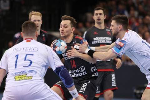 SG Flensburg Handewitt vs Brest HC Meshkov Handball EHF Champions League Round of 16 31 03 19 Hampus tub SG Flensburg Handewitt 14 vs Vid Poteko Brest HC Meshkov 15 and Sime Ivic Brest HC Meshkov 19 xmmkx