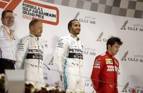 Motorsports: FIA Formula One World Championship WM Weltmeisterschaft 2019, Grand Prix of Bahrain, Simon Cole, 77 Valtteri Bottas (FIN, Mercedes AMG Petronas Motorsport), 44 Lewis Hamilton (GBR, Mercedes AMG Petronas Motorsport), 16 Charles Leclerc (MCO, Scuderia Ferrari Mission Winnow), Sakhir Bahrain