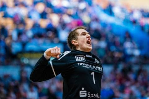 Dominik Plaue 1 Dessau Rosslauer HV 06 during the match in the Handball 2 Bundesliga Men Season 2018 2019 between Dessau Rosslauer HV 06 and HC Elbflorenz 2016 in the Anhalt Arena on 31 March 2019 in Dessau Rosslau Sachsen Anhalt Germany