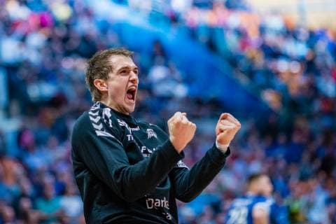 Dominik Plaue 1 Dessau Rosslauer HV 06 during the match in the Handball 2 Bundesliga Men Season 2018 2019 between Dessau Rosslauer HV 06 and HC Elbflorenz 2016 in the Anhalt Arena on 31 March 2019 in Dessau Rosslau Sachsen Anhalt Germany