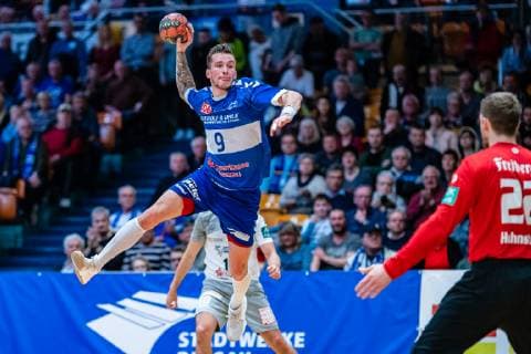 Marek Vranco 9 Dessau Rosslauer HV 06 Nils Gugisch 10 HC Elbflorenz 2016 during the match in the Handball 2 Bundesliga Men Season 2018 2019 between Dessau Rosslauer HV 06 and HC Elbflorenz 2016 in the Anhalt Arena on 31 March 2019 in Dessau Rosslau Saxony Anhalt Germany