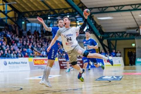 Robin Hoffmann 24 HC Elbflorenz 2016 Marek Vranco 9 Dessau Rosslauer HV 06 during the match in the Handball 2 Bundesliga Men Season 2018 2019 between Dessau Rosslauer HV 06 and HC Elbflorenz 2016 in the Anhalt Arena on 31 March 2019 in Dessau Rosslau Sachsen Anhalt Germany