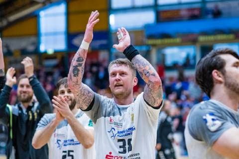 Henning Quade 38 HC Elbflorenz 2016 during the match in the Handball 2 Bundesliga Men Season 2018 2019 between Dessau Rosslauer HV 06 and HC Elbflorenz 2016 in the Anhalt Arena on 31 March 2019 in Dessau Rosslau Saxony Anhalt Germany