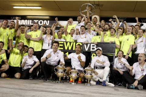 Motorsports: FIA Formula One World Championship WM Weltmeisterschaft 2019, Grand Prix of Bahrain, Toto Wolff (AUT, Mercedes AMG Petronas Motorsport), 44 Lewis Hamilton (GBR, Mercedes AMG Petronas Motorsport), 77 Valtteri Bottas (FIN, Mercedes AMG Petronas Motorsport), Sakhir Bahrain
