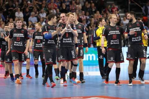 SG Flensburg Handewitt vs. Brest HC Meshkov Handball EHF Champions League Round of 16 31 03 19 Joy for the team about the victory xmmkx