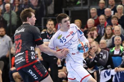 SG Flensburg Handewitt vs Brest HC Meshkov Handball EHF Champions League Round of 16 31 03 19 Goeran Soegard Johannessen SG Flensburg Handewitt 23 vs Darko Dukic Brest HC Meshkov 45 xmmkx