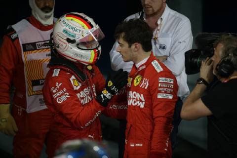 Photo4 LaPresse 31 03 2019 Sakhir, Bahrain Grand Prix Formula One Bahrain 2019 In the pic: Parc ferme Charles Leclerc (MON) Scuderia Ferrari SF90 and Sebastian Vettel (GER) Scuderia Ferrari SF90  Copyright: xPhoto4 LaPressex