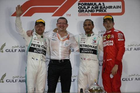 Photo4 LaPresse 31 03 2019 Sakhir, Bahrain Grand Prix Formula One Bahrain 2019 In the pic: Podium, winner Lewis Hamilton (GBR) Mercedes AMG F1 W10 EQ Power, 2nd place Valtteri Bottas (FIN) Mercedes AMG F1 W10 EQ Power, 3rd place Charles Leclerc (MON) Scuderia Ferrari SF90  Copyright: xPhoto4 LaPressex