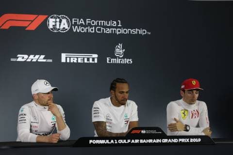 Photo4 LaPresse 31 03 2019 Sakhir, Bahrain Grand Prix Formula One Bahrain 2019 In the pic: Official Fia press conference PK Pressekonferenz L to R Valtteri Bottas (FIN) Mercedes AMG F1 W10 EQ Power, Lewis Hamilton (GBR) Mercedes AMG F1 W10 EQ Power and Charles Leclerc (MON) Scuderia Ferrari SF90  Copyright: xPhoto4 LaPressex