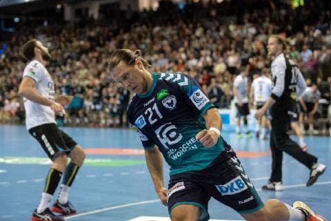 Handball Berlin 31 03 2019 EHF Cup Season 2018 2019 Foxes Berlin Balatonfüredi KSE Mattias Zachrisson Foxes Berlin No 21 Jubel
