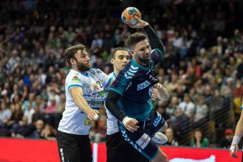 Handball Berlin 31 03 2019 EHF Cup Season 2018 2019 Foxes Berlin Balatonfüredi KSE Fabian Wiede Foxes Berlin No 03 Zoltan Szita Balatonfüred No 21 Oliver Szöllösi Balatonfüred No 09