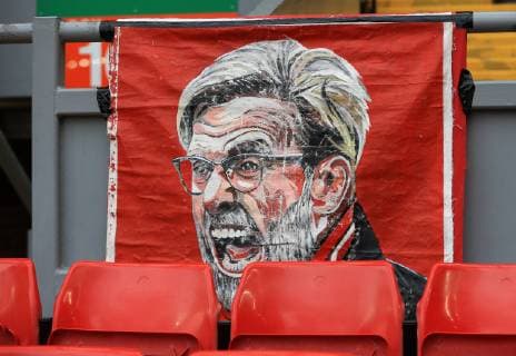 31st March 2019, Anfield, Liverpool, England; EPL Premier League football, Liverpool versus Tottenham Hotspur; a banner depicting Liverpool manager Jurgen Klopp on the Kop before the match  ActionPlus12119141 DavidxBlunsden
