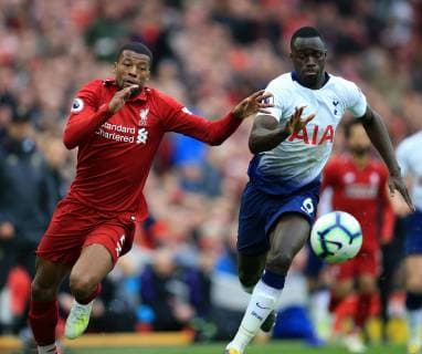 31st March 2019, Anfield, Liverpool, England; EPL Premier League football, Liverpool versus Tottenham Hotspur; Georginio Wijnaldum of Liverpool and Davinson Sanchez of Tottenham Hotspur compete for the ball  ActionPlus12119144 DavidxBlunsden