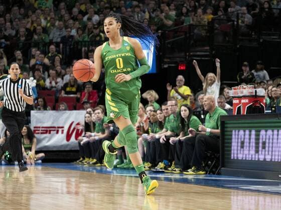 PORTLAND, OR - MARCH 31: Oregon Ducks forward Satou Sabally (0) dribbles the ball down court during the NCAA College League USA Division I Women s Championship Elite Eight round basketball game between the Oregon Ducks and Mississippi State Bulldogs on March 31, 2019 at Moda Center in Portland, Oregon. (Photo by Joseph Weiser Icon Sportswire) NCAA BASKETBALL: MAR 31 Div I Women s Championship - Quarterfinals - Oregon v Mississippi State Icon190331014