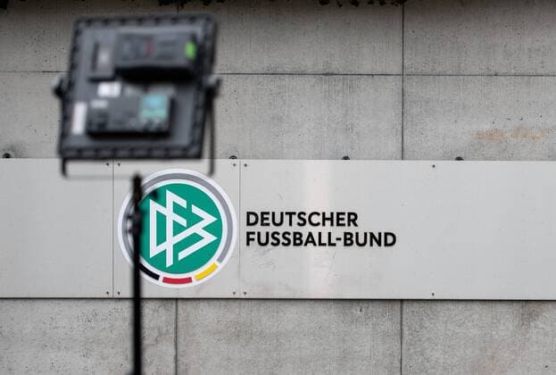 02 04 2019 xfux football DFB press conference resignation DFB president Reinhard Grindel German Football Association emspor v l logo German Football Association DFB central emblem Frankfurt am Main