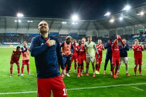 02 04 2019 xtgx Football DFB Cup 1 4 Final SC Paderborn Hamburger SV emspor v l Pierre Michel Lasogga Hamburger SV 10 Jubel about the victory Jubel after the end of the game DFL DFB REGULATIONS PROHIBIT ANY USE OF PHOTOGRAPHS as IMAGE SEQUENCES and or QUASI VIDEO Paderborn
