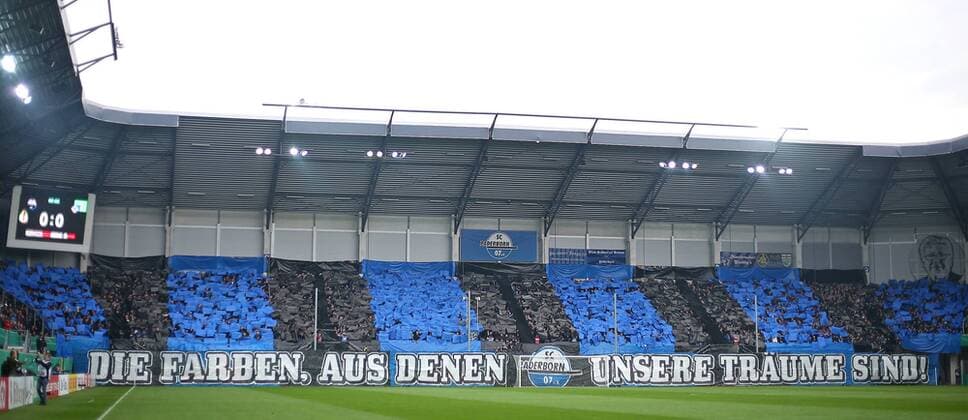 02 04 2019 Soccer DFB Cup 2018 2019 Quarter finals SC Paderborn 07 Hamburger SV at the Benteler Arena Paderborn Choreo at the Paderborn Fanblock DFL and DFB regulations prohibit any use of photographs as image sequences and or quasi video
