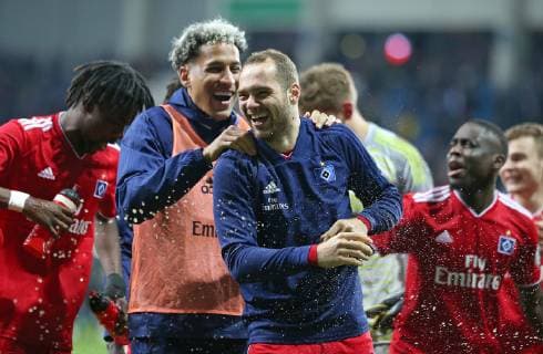 02 04 2019 Football DFB Cup 2018 2019 Quarter finals SC Paderborn 07 Hamburger SV at the Benteler Arena Paderborn Final cheers Hamburger SV L R Leo Lacroix Hamburg and Pierre Michel Lasogga Hamburg DFL and DFB regulations prohibit any use of photographs as image sequences and or quasi video