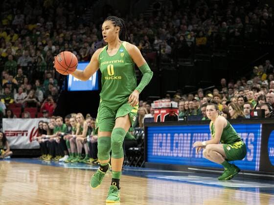 PORTLAND, OR - MARCH 31: Oregon Ducks forward Satou Sabally (0) dribbles the ball down court during the NCAA College League USA Division I Women s Championship Elite Eight round basketball game between the Oregon Ducks and Mississippi State Bulldogs on March 31, 2019 at Moda Center in Portland, Oregon. (Photo by Joseph Weiser Icon Sportswire) NCAA BASKETBALL: MAR 31 Div I Women s Championship - Quarterfinals - Oregon v Mississippi State Icon190331138
